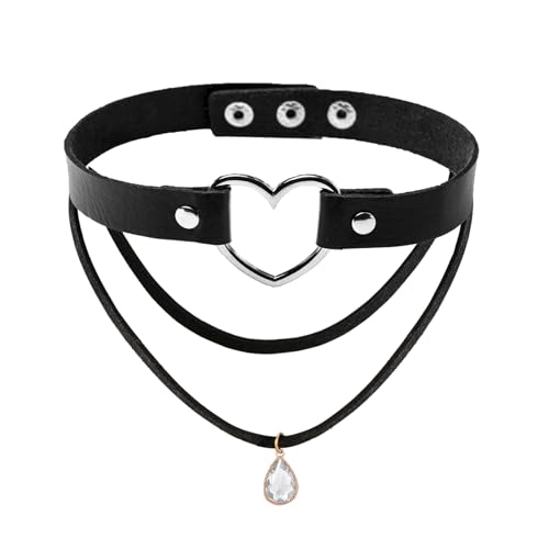 MILAKOO PU Herz Choker mit Doppelten Schichten Halskette Set Punk Gothic Choker mit Weißem Kristall Anhänger von MILAKOO