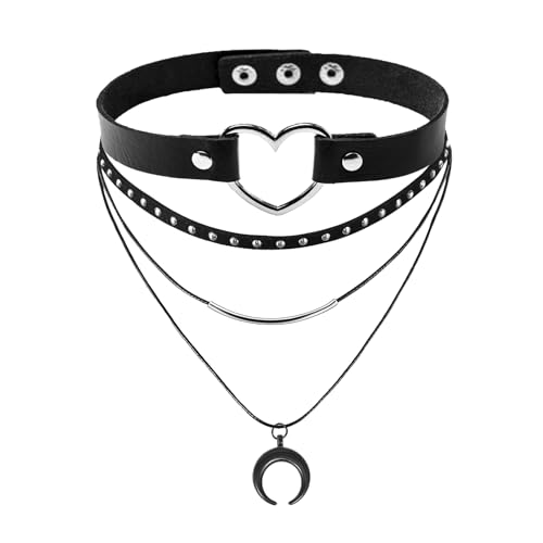 MILAKOO PU Herz Choker mit Dreifach Halskette Set Punk Gothic Choker mit Mond Anhänger von MILAKOO