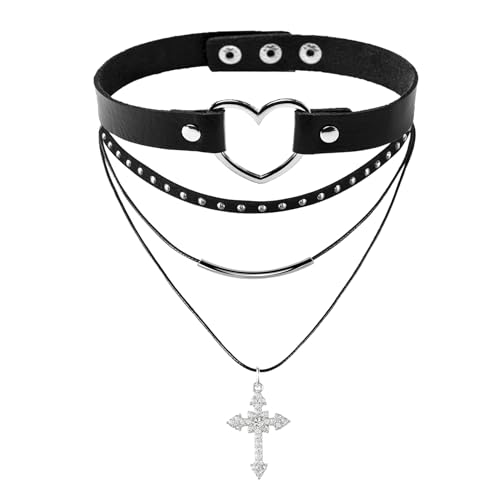 MILAKOO PU Herz Choker mit Dreifachem Halsketten Set Punk Gothic Choker mit Weißem Kreuz Anhänger von MILAKOO