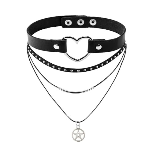 MILAKOO PU Herz Choker mit dreifachem Halsketten Set Punk Gothic Choker mit Kreis Stern Anhänger von MILAKOO