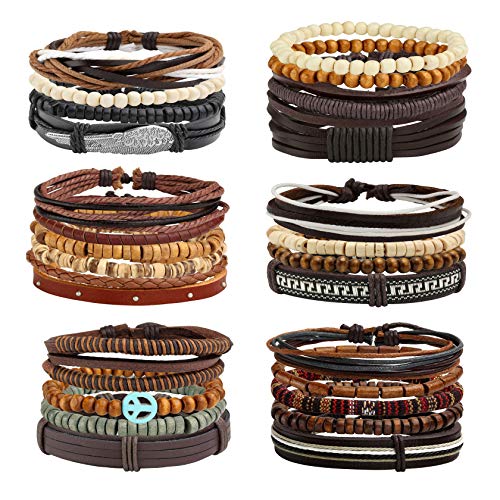 MILAKOO PU Lederarmbänder Herren 26 PCS Holzperlen Armband Set geflochten Punk Armreif verstellbar von MILAKOO