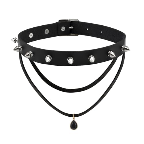MILAKOO PU Nieten Choker mit Doppelten Lagen Halskette Set Punk Gothic Choker mit schwarzem Kristall Anhänger von MILAKOO