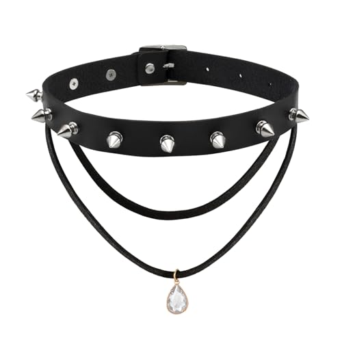 MILAKOO PU Nieten Choker mit Doppelten Schichten Halskette Set Punk Gothic Choker mit Weißem Kristall Anhänger von MILAKOO