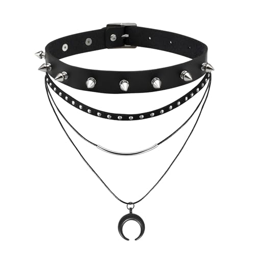 MILAKOO PU Nieten Choker mit Dreifach Halskette Set Punk Gothic Choker mit Mond Anhänger von MILAKOO