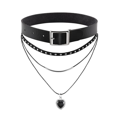 MILAKOO PU Schnalle Choker mit Dreifach Halskette Set Punk Gothic Choker mit Mond Anhänger von MILAKOO