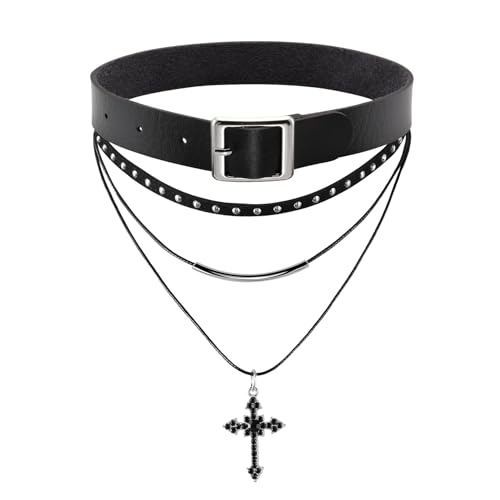 MILAKOO PU Schnalle Choker mit Dreifachem Halsketten Set Punk Gothic Choker mit Weißem Kreuz Anhänger von MILAKOO