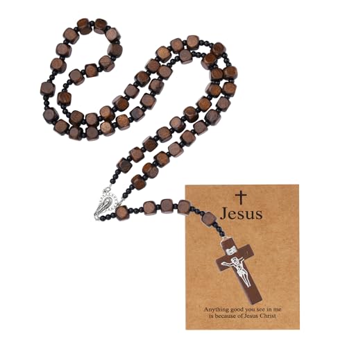 MILAKOO Rosenkranz Holzperle Katholische Halskette für Frauen Männer Perle Kreuz Y Anhänger Kette mit Jesus Karte von MILAKOO