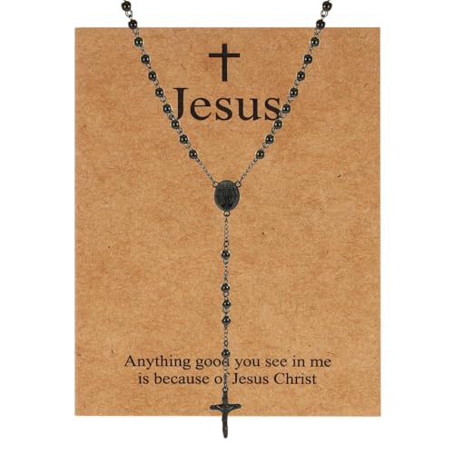 MILAKOO Rosenkranz Perlen Katholische Halskette für Frauen Männer 6mm Schwarz Perle Kreuz Y Anhänger Kette mit Edelstahl Kruzifix und Jesus Karte für Mann Frau MILAKOO Rosenkranz Perlen Katholische Halskette für Frauen Männer 6mm Schwarz Perle Kreuz Y Anhänger Kette mit Edelstahl Kruzifix und Jesus Karte für Mann Frau von MILAKOO