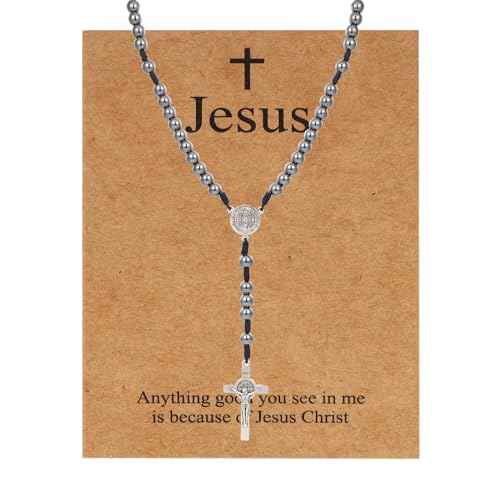 MILAKOO Rosenkranz Perlen Katholische Halskette für Frauen Männer 8mm Schwarz Perle Kreuz Y Anhänger Kette mit Edelstahl Kruzifix und Jesus Karte für Mann Frau von MILAKOO