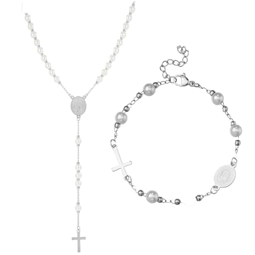 MILAKOO Rosenkranz Perlen Katholische Halskette und Armband für Frauen Männer 2 Stück Edelstahl Gliederkette Armbänder Ketten mit Geschenkbox von MILAKOO