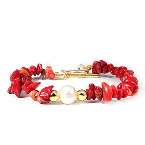 MILAKOO Rote Achat Splitterarmband mit echten Perlen Natur edelstein Armband Damen Kristall armreif von MILAKOO