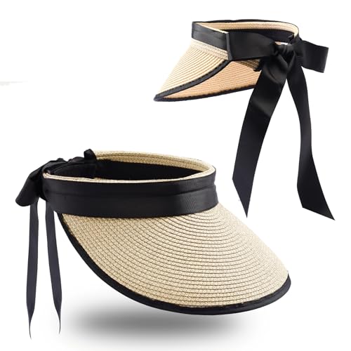 MILAKOO Sun Visor Hut Damen Einstellbar Breite Krempe Cap UV-Schutz Faltbar Stroh Strand Pferdeschwanz Hut mit Band von MILAKOO