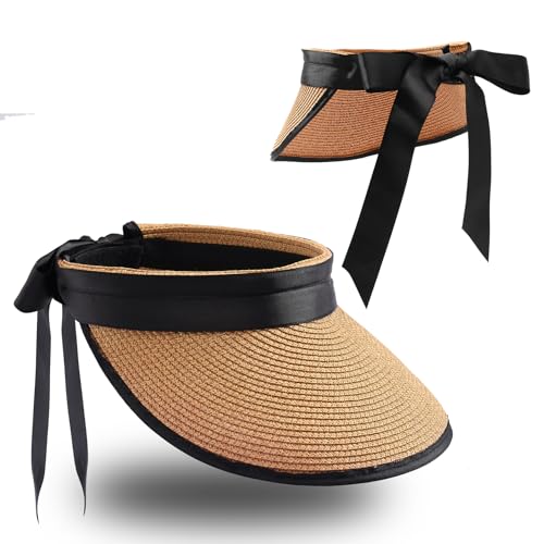 MILAKOO Sun Visor Hut Damen Einstellbar Breite Krempe Cap UV-Schutz Faltbar Stroh Strand Pferdeschwanz Hut mit Band von MILAKOO