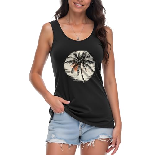 MILAKOO Tank Top Damen Urlaub Reise Strand Lässig Ärmelloses Printed Rundhals Ärmellos Tankshirts Outdoor Fitness Sommer Schwarz Unterhemd für Frauen von MILAKOO