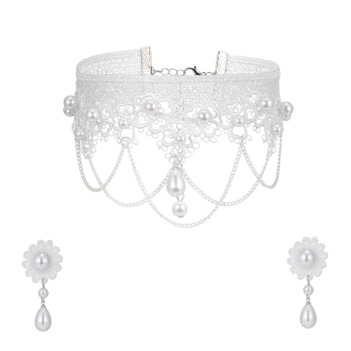 MILAKOO Weiße Spitze Choker Halskette Teardrop Perle Ohrringe Set Braut Hochzeit Schmuck Set Halloween Viktorianisch Kostüm von MILAKOO