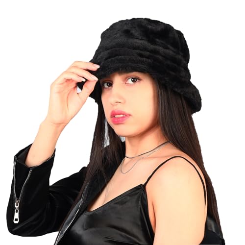 MILAKOO Winter Fuzzy Bucket Hat Cute Lovely Plüsch Pelz Fischer Cap Solid Farbe Dicke Warme Mütze für Frauen Schwarz von MILAKOO