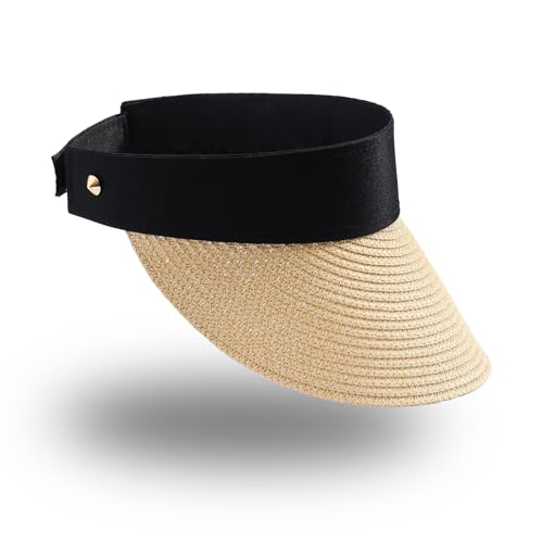 MILAKOO Womens Sun Visor Hut Einstellbare Breite Krempe UV-Schutz Faltbar Stroh Strand Hut für Pferdeschwanz von MILAKOO