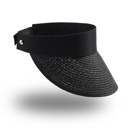 MILAKOO Womens Sun Visor Hut Einstellbare Breite Krempe UV-Schutz Faltbar Stroh Strand Hut für Pferdeschwanz von MILAKOO