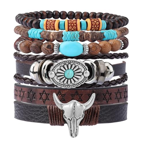 MILAKOO Y2K Western Style Leder Armbänder 5 Stück Böhmische Hand Seil Davidstern Punk Manschette für Unisex von MILAKOO