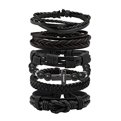 MILAKOO geflochten lederarmband herren Lavastein kreuzarmband Personalisierung Gravur schwarz von MILAKOO