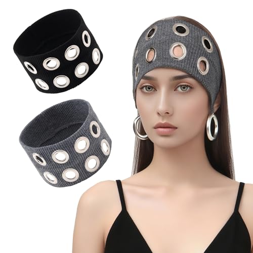 Milakoo 2 Stück Y2K Punk Grunge breites Stirnband mit Ösen Design Haarband Stretchy Headwrap für Freizeit von MILAKOO