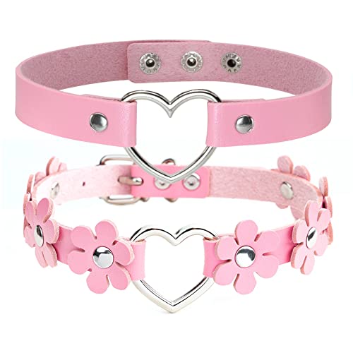 MILAKOO Gothic PU Leder Punk Choker Herz Ring Blume Halskette für Frauen 2PCS，Rosa von MILAKOO