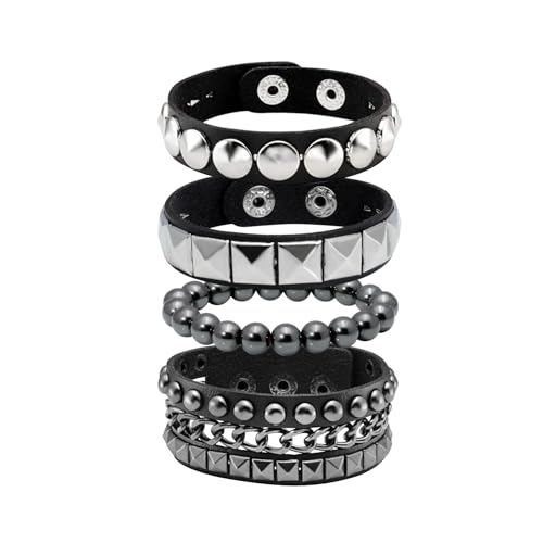 MILAKOO 4 Stücke PU Lederarmbänder Set Hematit Armkette und Nieten armband schwarz einstellbar von MILAKOO