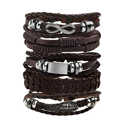 MILAKOO 5 Stück Geflochtene Lederarmbänder Einstellbar Manschette Armband für Männer Damen (Braun) von MILAKOO