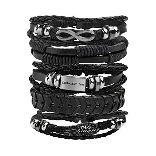 MILAKOO 5 Stück Geflochtene Lederarmbänder mit Gravur Einstellbar Manschette Armband für Männer Damen (Schwarz) von MILAKOO