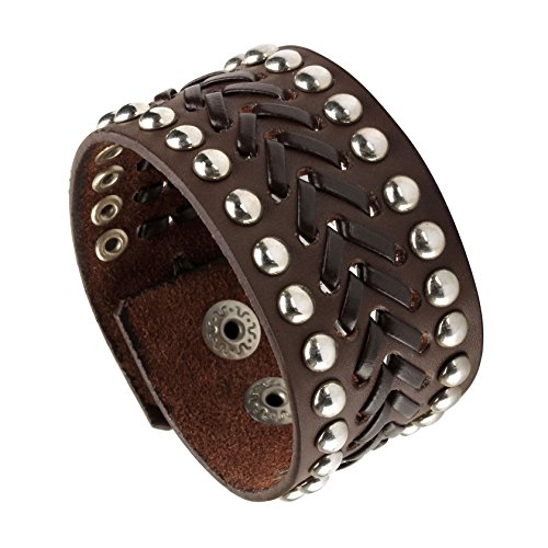 MILAKOO Brown Punk Rock Biker Gliederkette Schwarzes Lederarmband Manschette Armband Gothic 6.5-8.5 " von MILAKOO