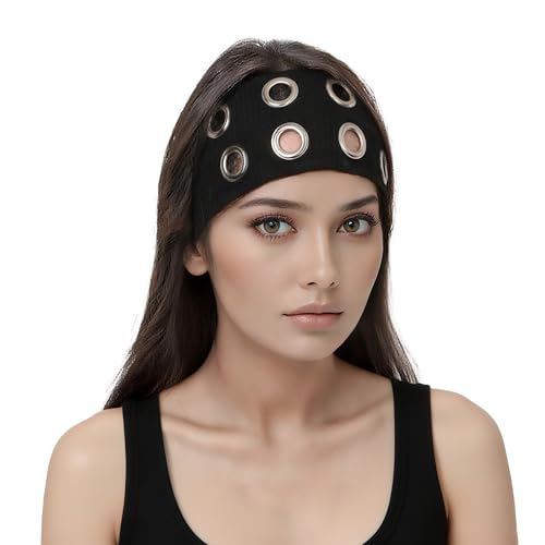 Milakoo Damen Y2K Stirnband mit Ösen und Ringdesign Retro Grunge breites Haarband im 80er Jahre Stil, schwarz Milakoo Damen Y2K Stirnband mit Ösen und Ringdesign Retro Grunge breites Haarband im 80er Jahre Stil, schwarz von MILAKOO