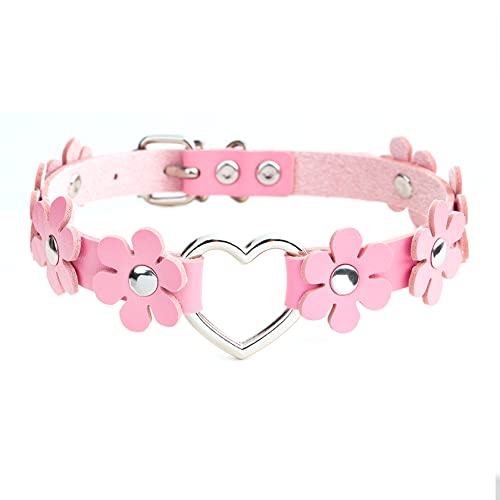 MILAKOO Punk Gothic Blummen Choker mit herzformiger Ring Damen Punk Rock Halsband pink PU Lederhalsband von MILAKOO