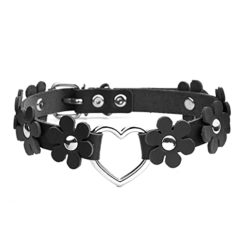 MILAKOO Punk Gothic Blummen Choker mit herzformiger Ring Damen Punk Rock Halsband schwarz PU Lederhalsband von MILAKOO