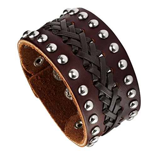 MILAKOO Wide Echtes Leder Herren Armreif, Punk Rock, Passt 7 "bis 8,5", Schwarz/Braun von MILAKOO
