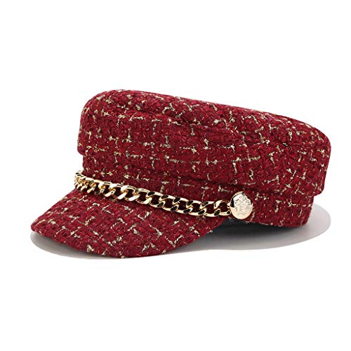 Beret Cap Women Newsboy Cap Retro Maler Schirmmütze Bakerboy Mütze Damen Kapitänsmütze Kapitän Hut Barett Mütze Visor mit Kette Kappe von MILAX