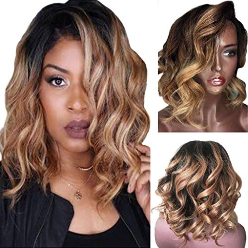 Damen Kurze Wellenförmige Bobo Echthaar Perücke Glueless Front Perücken Gold Damen Mittellange Perücke Sanfte Außenwelle Hitzefeste Wig von MILAX