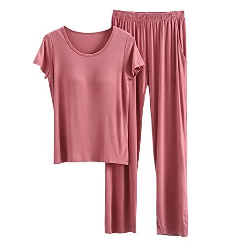 Damen Schlafanzug 3/4 Hose Caprihose Kurzarm T-Shirt Sommer Sleepshirt Schlafanzug Damen Kurz Capri Pyjama Set Kurzarm Top Mit 3/4 Lang Schlafhose Zweiteiliger Nachtwäsche von MILAX