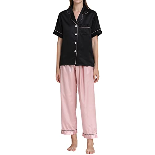MILAX Damen Schlafanzug Kurz Pyjama Sets Sommer Sleepshirt Schlafanzug Damen-Kurzarm Top Und 3/4 Lange Hose Zweiteiler Pyjama Set Casual Kurzarm Tshirt Und 7/8 Hosen von MILAX