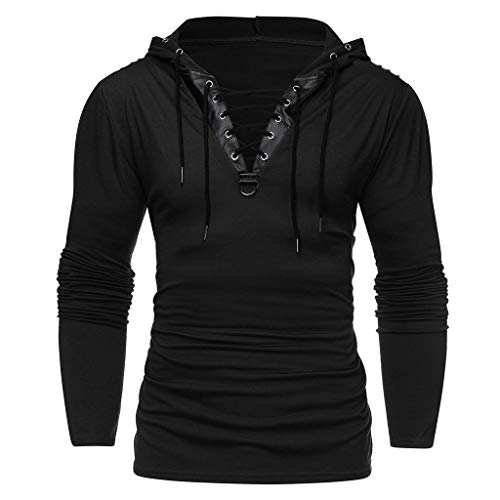 MILAX Herren Mittelalter Hemd mit Kapuze Gothic Steampunk Oberteile Vintage Leder Patchwork Langarm Slim Fit Tops Elegant Schnürhemd Cosplay Tops von MILAX