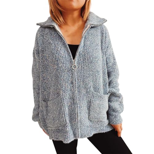 MILAX Women's Cardigan Damen-Cardigan, Dicker Reißverschluss, lockerer Strick-Cardigan, Pullover, Cardigan-Mantel Regenjacke Mit Damen (Light Blue, XL) von MILAX