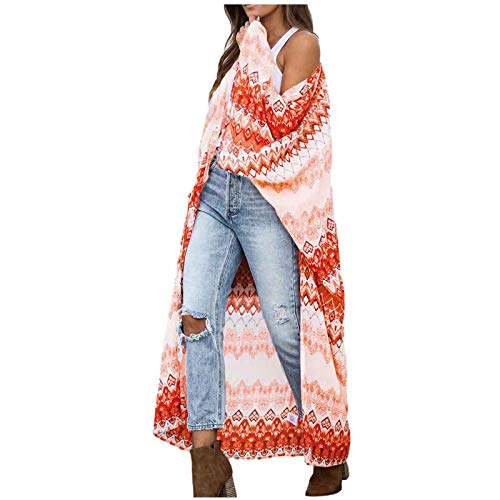 MILAX Women's Cardigan Flowery Chiffon offene lockere Oberteile Frauen vorne eine Jacke mit bedruckten Blusenkleid am Körper Damenbluse Kordel Jack (Orange, XXL) von MILAX