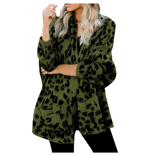 Women's Cardigan Frauen Mode Leopard Print Langarm Pullover Strickjacke Lose Stricken Vorne Offen Herbst Winter Outwear Mäntel Strickjacke Damen Reißverschluss Wolle (Green, S) von MILAX