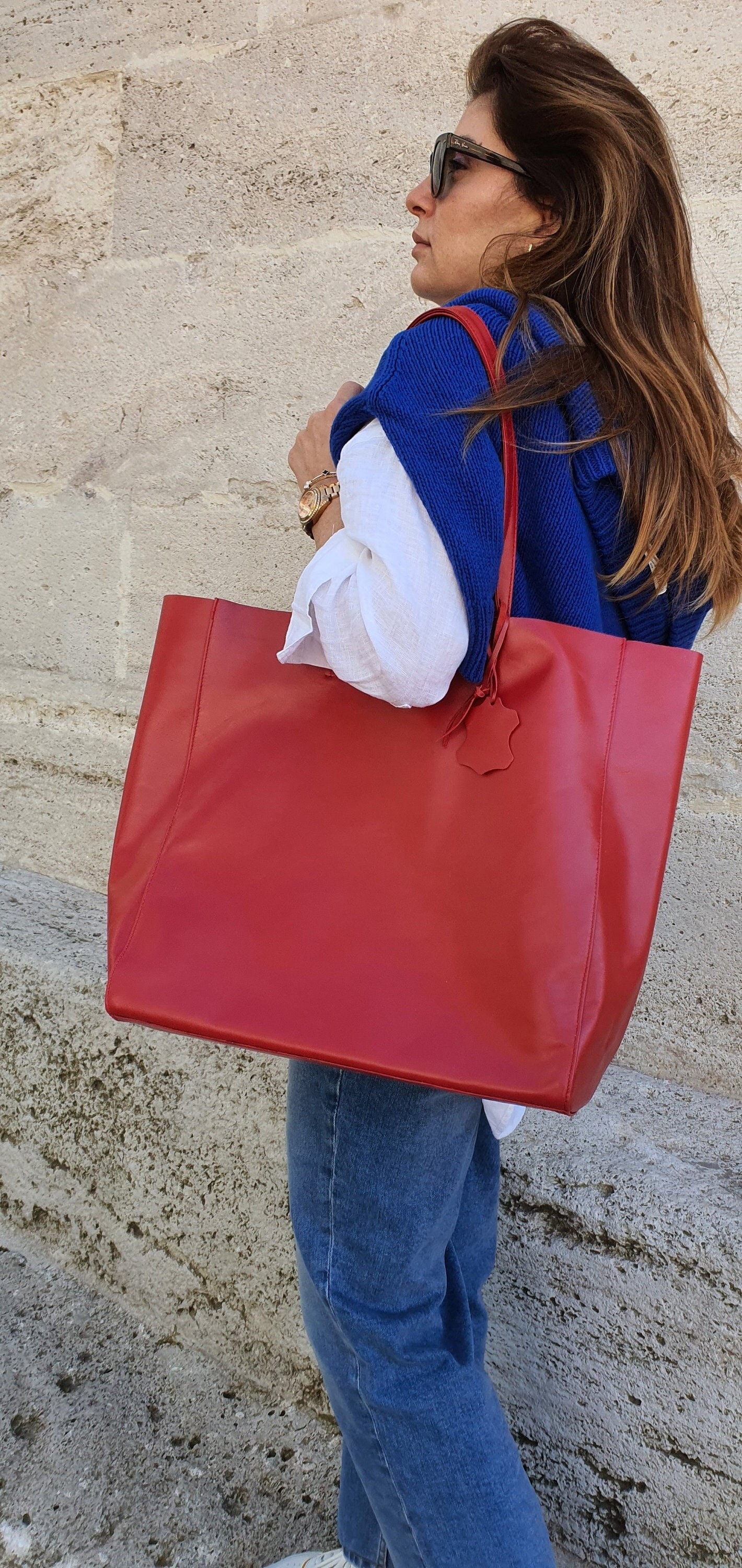 Rote Große Ledertasche Für Frauen, Damen Shopper Tasche, Handgemachte Leder Geldbörse, Casual Day Bag von MILEBALeather
