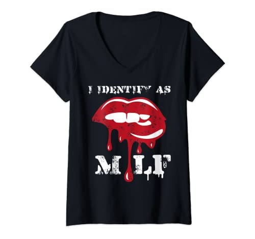 Damen Ich identifiziere mich als MILF Lustige Mütter MILF T-Shirt mit V-Ausschnitt von MILF Apparel