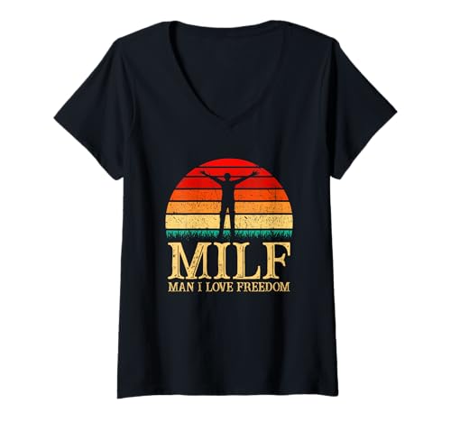 Damen Milf-Man I Love Freedom Lustiges Männer- und Frauenkostüm T-Shirt mit V-Ausschnitt von MILF-Man I Love Freedom Funny Shirt men and women