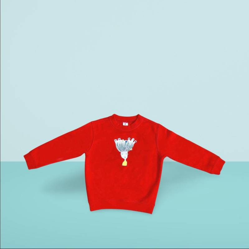 Cooler Nachhaltiger Roter Kids-Sweater Mit Milja Illustration in 110/116 von MILJADesigns