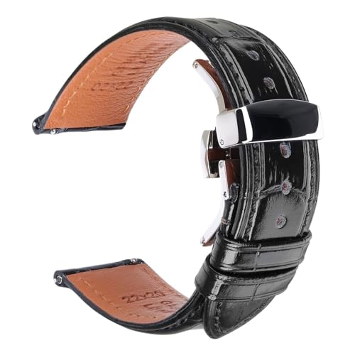 Jeniko Mode Braun Schwarz Leder Uhrenarmband 18mm 20mm 22mm 24mm Männer Frauen Armband Schmetterling Schnalle Uhr Band Armband (Color : Black Butterfly S, Size : 18mm) von MILNBJK