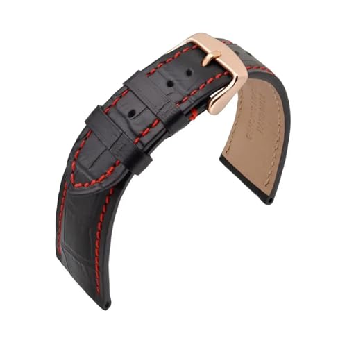 Jeniko Uhrenarmband Aus Alligator-geprägtem Rindsleder, 14 Mm, 18 Mm, 19 Mm, 20 Mm, 21 Mm, 22 Mm, Armband Aus Roségold Mit Stahlschnalle For Das Handgelenk ( Color : Black(Red Line) , Size : 18mm ) von MILNBJK