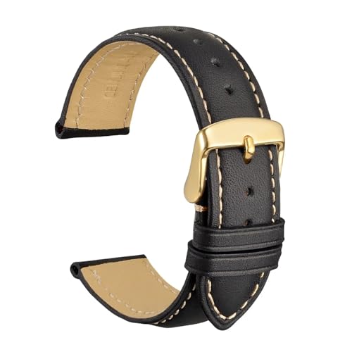 MILNBJK Jeniko Armband Aus Kalbsleder, Weiches Material, 16 Mm, 18 Mm, 19 Mm, 20 Mm, 21 Mm, 22 Mm, 23 Mm, 24 Mm, Goldene Schnalle (Color : Black-Gold-B, Size : 19mm) von MILNBJK