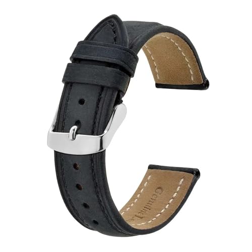 MILNBJK Jeniko Echtes Leder-Uhrenarmband, 14 Mm, 17 Mm, 18 Mm, 19 Mm, 20 Mm, 21 Mm, 22 Mm, 23 Mm, 24 Mm, Ersatzarmband For Herren Und Damen (Color : Black-Silver Buckle, Size : 18mm) von MILNBJK